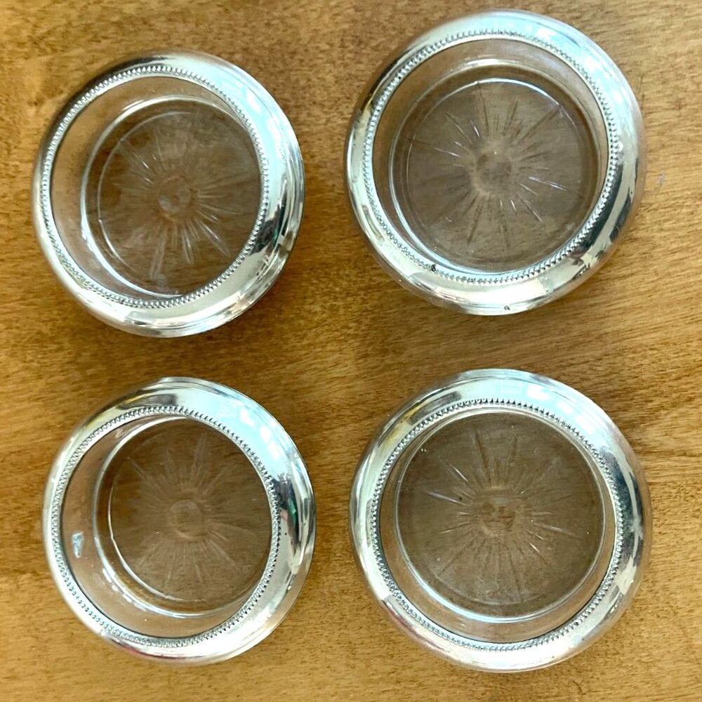 Set of 4 Frank Whiting & Co Sterling Silver & Crystal Glass Coasters, Beaded Rim